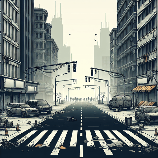 Open road in a city that is plagued by zombies.
Single Game Texture. In-Game asset. 2d. Blank background. High contrast. No shadows.