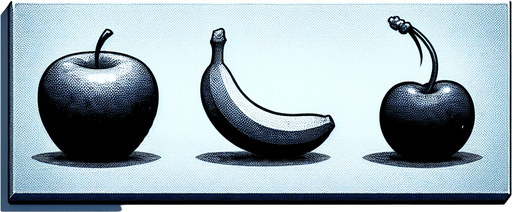 any three combo fruits some distance from each one.
Single Game Texture.  In-Game asset.  2d.  Blank background.  High contrast.  No shadows