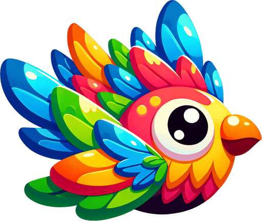Design a cartoon-style bird flying sideways with big eyes and colorful feathers. The bird should look friendly, cute, and match a fun sky-themed game..
Single Game Texture.  In-Game asset.  2d.  Blank background.  High contrast.  No shadows