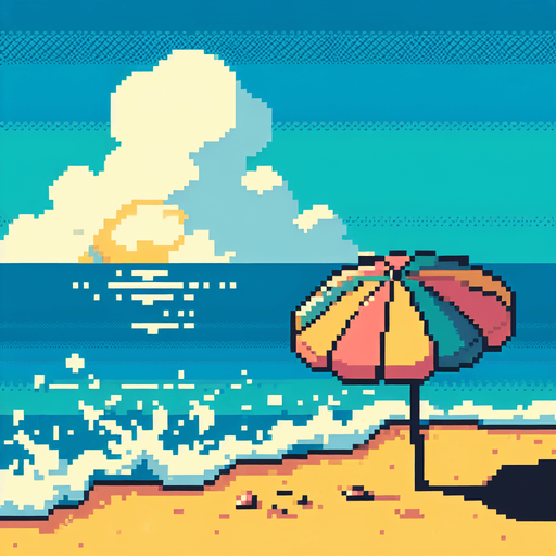 8bit. cartoon. umbrella beach..
Single Game Texture. In-Game asset. 2d. Blank background. High contrast. No shadows.