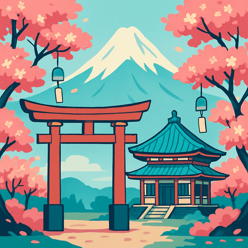 A peaceful mountain and temple background with sakura trees, a torii gate, and light wind chimes hanging. Very serene..
In-Game asset.  2d.  High contrast.  No shadows