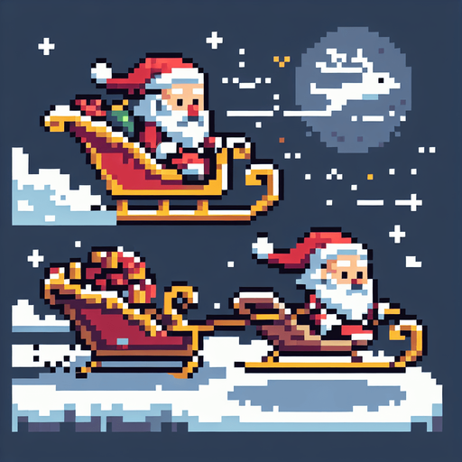 pixelart. christmas. santa in sleigh. from the side. flying. Single Game Texture. In-Game asset. 2d. Blank background. High contrast. No shadows.