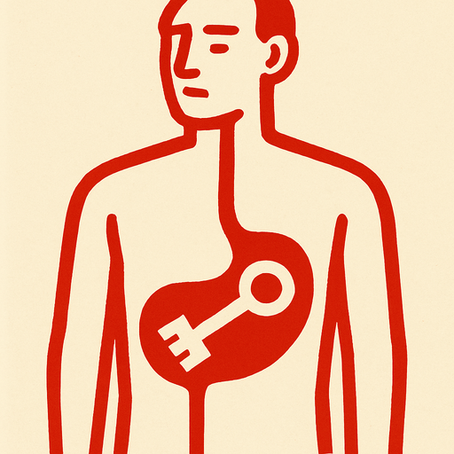 a drawing pic showing key is inside stomach of the body.red lines of the body!
In-Game asset.  2d.  High contrast.  No shadows