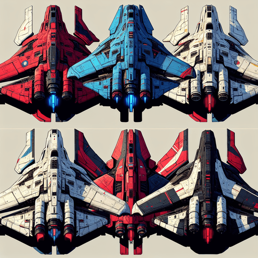 pack de starship, hero, nave espacial, de espalda, legendary galaxy starchip, colores vibrantes, colorida, colores rojo y balco, azul y blanco, negro y rojo, naves.
Single Game Texture. In-Game asset. 2d. Blank background. High contrast. No shadows.