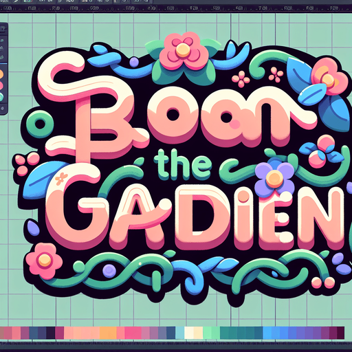 Create a SVG text design in bold cartoon style: “Bloom the garden" in chunky rounded letters with floral accents and vines. Use spring pastels.​​​​​​​​​​​​​​​​.
Single Game Texture. In-Game asset. 2d. Blank background. High contrast. No shadows.