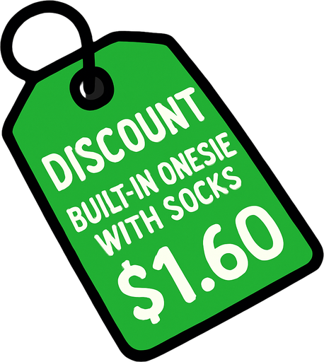 Green pricetag that says discount built in onesie with socks $1.60.
In-Game asset.  2d.  High contrast.  No shadows