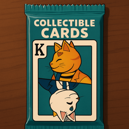 A booster pack of collectible cards in the plastic packaging. On the package is a picture of these two cats as if they are the King on a card in a deck of regular playing cards. The orange one is on top facing left and the bottom one is the white one facing right, side profile, just like a king on a regular playing card. There is a K in the top left corner to mark the King, but no suit.