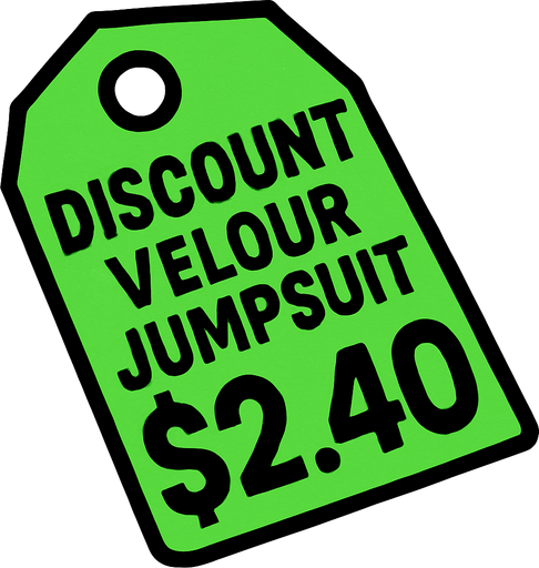green price tag that says discount velour jumpsuit $2.40.
In-Game asset.  2d.  High contrast.  No shadows
