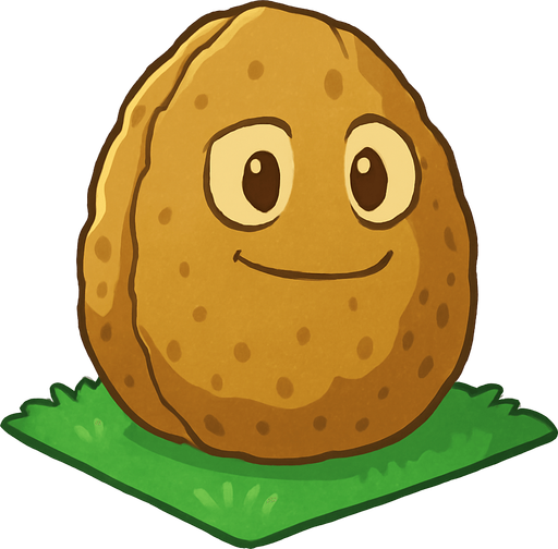 Nuez inspirada en Plants vs. Zombies 1. Una gran nuez de color marrón con textura rugosa y mirada serena pero decidida. Está plantada sobre una baldosa de césped en un jardín soleado. No está en combate ni dañada, solo en posición defensiva y tranquila. Estilo caricaturesco, líneas suaves, colores cálidos y sin sombras. Fondo transparente, ideal como asset 2D para videojuego. que este feliz o