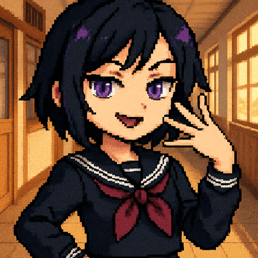 A charming anime-style girl rendered in delightful Pixel Art, featuring an emo aesthetic, striking purple eyes, and a classic Japanese school uniform (sailor fuku).

She confidently strikes the iconic “Ojou-sama pose”:
Her left hand is elegantly lifted near her face, fingers gracefully splayed like a fan, perfectly framing her smug expression.

Her face bears a tilted, self-assured smile, the kind that practically echoes a soft, aristocratic “Ohoho~” laugh. One eyebrow arches subtly, radiating playful confidence and a touch of superiority.

Her right hand rests casually near her waist, loosely clenched into a relaxed fist — an anchor for her graceful yet dominant posture.

Behind her stretches the polished hallway of a Japanese school, complete with sliding doors and sunlit windows, completing the scene with a nostalgic, everyday charm — all captured in the cozy, detailed charm of Pixel Art.