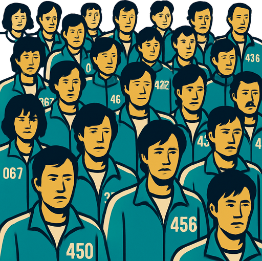 a lot of people in squid game clothes.
In-Game asset.  2d.  High contrast.  No shadows