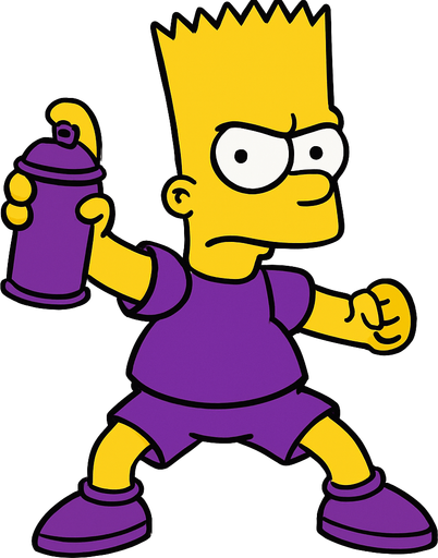 Bart holding a purple Spraycan while he is wearing purple shoes and shorts. Show all of his body in a fighting stance
In-Game asset.  2d.  High contrast.  No shadows