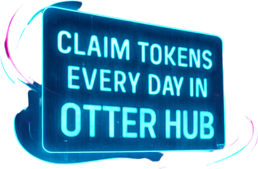 Create a dynamic 4K digital background for a cyberpunk mobile game interface. The scene shows a sleek, rain-drenched urban plaza with neon-lit walkways and towering digital screens. One large holographic banner reads ‘Claim tokens every day in Otter Hub’ in bold, glowing lettering. Surround it with animated light trails, drifting data particles, and subtle reflections in wet pavement. In the distance, angular skyscrapers pulse with magenta and cyan accents against a misty night sky. This image should serve as an eye-catching game menu backdrop—no characters or coins visible..
High contrast.  No shadows