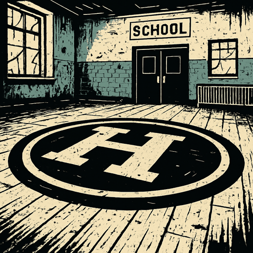 Make a centercircle in an abandoned school.
In-Game asset.  2d.  High contrast.  No shadows