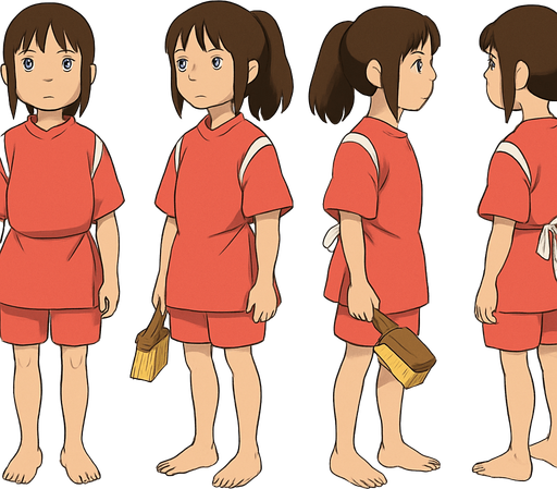 Pack of complete body frames of girl Chihiro character from "spirited a way" movie. without shoes, holding small rectangle hand Scrubbing Brush with color brown and yellow, her feet are dusty a bit from bottom
In-Game asset.  2d.  High contrast.  No shadows. no broom