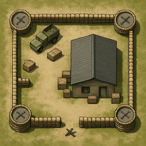 Askeri karakol, üstten görünüm, gerçekçi, yazısız.
In-Game asset.  High contrast.  No shadows