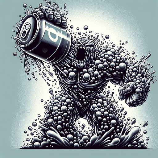 Cola monster, VERY BIG, coming out of a soda can.
Single Game Texture.  In-Game asset.  2d.  Blank background.  High contrast.  No shadows