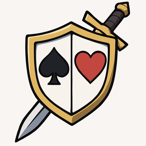 A shield with a spade and heart card suit coat of arms on it with a sword crossed downwards, behind it.  icon. Anime style..
In-Game asset.  2d.  High contrast.  No shadows
