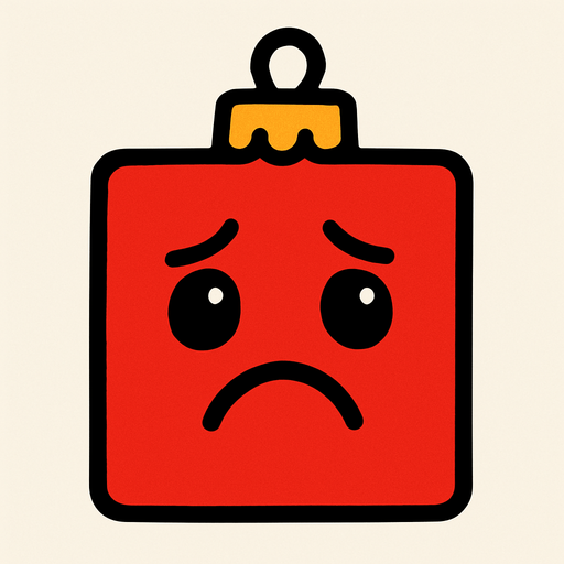 a sad square red Christmas decoration..
In-Game asset.  2d.  High contrast.  No shadows