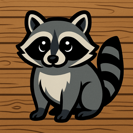 Racoon image with wooden background.
In-Game asset.  2d.  High contrast.  No shadows