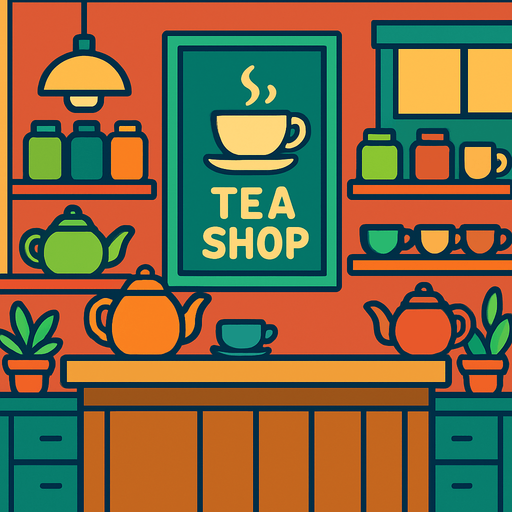 Make a tea shop background.
In-Game asset.  2d.  High contrast.  No shadows