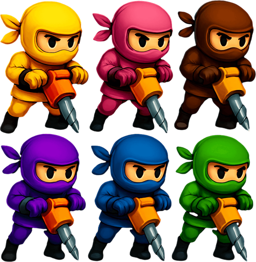Same images of ninjas characters with digg machine but showing both legs. HD color