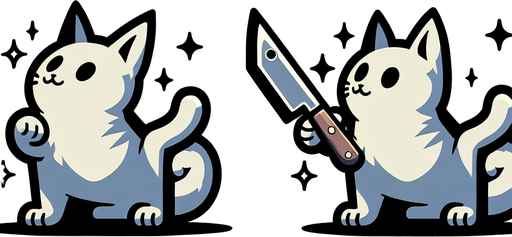 a cat carrying a knife.
Single Game Texture. In-Game asset. 2d. Blank background. High contrast. No shadows.