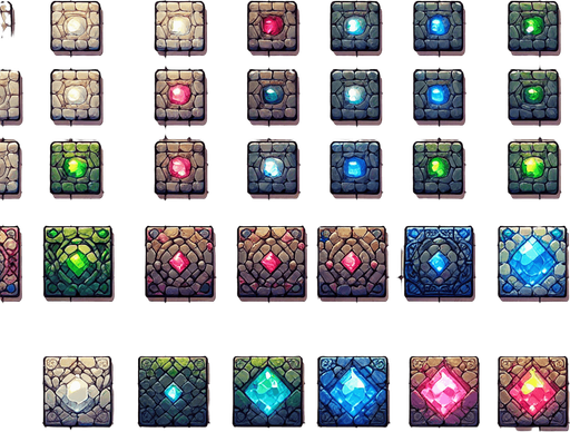 A spritesheet with different mystical floor tiles from a magical realm, each inlaid with bright gemstones of different colors. The tiles should be in the same basic style, with either a granite or other rock basis beneath the gemstones. The spriteshett should be laid out in a rectangular grid with empty space between each tile. The following colors of gemstones must be present: white, pink, green, red, blue, yellow, purple, brown, gray and orange.
Single Game Texture. In-Game asset. 2d. Blank background. High contrast. No shadows.