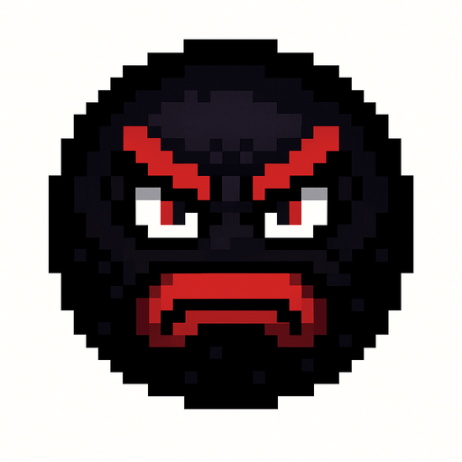 orbe oscuro de pixeles con cara enojada.
In-Game asset.  2d.  High contrast.  No shadows