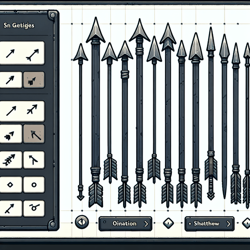 A spritesheet showing a number of different medieval or viking age arrows.
Single Game Texture. In-Game asset. 2d. Blank background. High contrast. No shadows.