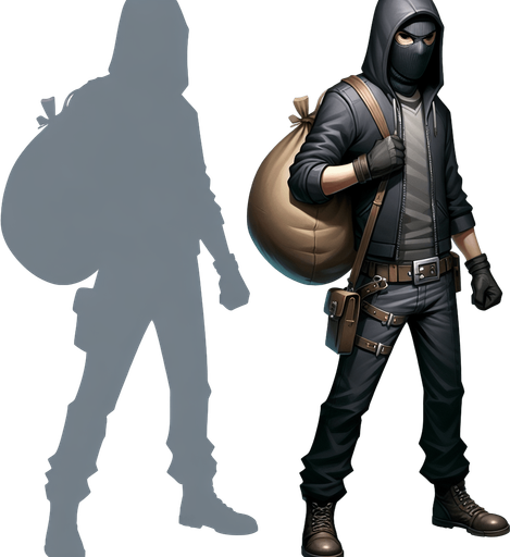 A thief with a mask and steal bag.
Single Game Texture. In-Game asset. 2d. Blank background. High contrast. No shadows.
