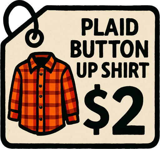 price tag that says plaid button up shirt $2.
In-Game asset.  2d.  High contrast.  No shadows