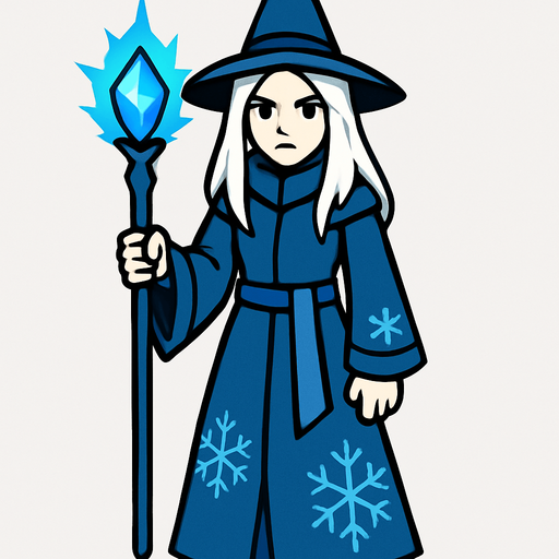 A female mage with pale skin, long white hair, wearing a long blue robe and a pointed blue hat, holding a glowing icy staff with a blue crystal, snowflake patterns on robe, cold expression, simple background, front-facing, no background, 2D game character.
In-Game asset.  2d.  High contrast.  No shadows