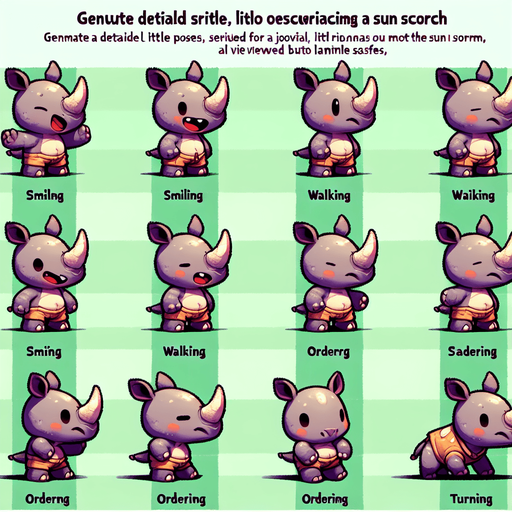 A spritesheet with a number of poses of an happy little rhino with a sun scorch, smiling, walking, waiting, standing, ordering, turning, etc. all seen from the side.The spritesheet should be laid out in a rectangular grid with clear space between each individual sprite. Each sprite in the sheet should be around 300x600 pixels in size..
Single Game Texture. In-Game asset. 2d. Blank background. High contrast. No shadows.