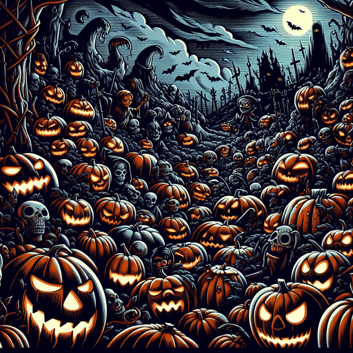 Generate a high quality cartoon background Halloween image on a black canvas similar to the format of where is waldo with a hellish environment filled with pumpkins.
Single Game Texture. In-Game asset. 2d. Blank background. High contrast. No shadows.