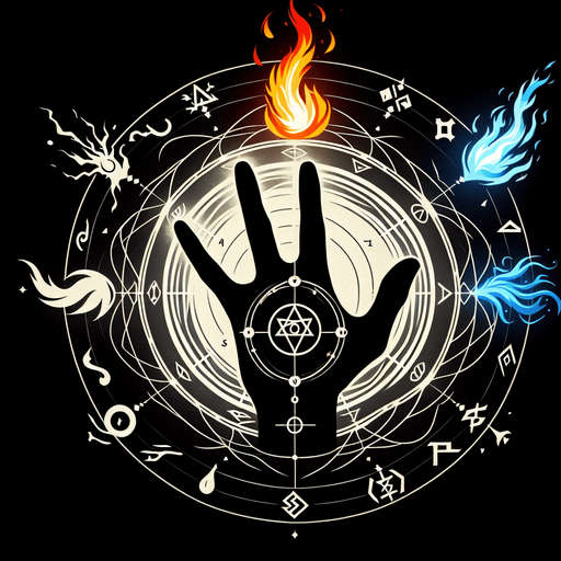 A hand silhouette centrally placed, with symbolic representations of different elements (fire, ice/water, lightning/wind) swirling around it or emanating from the fingertips. Could also be intersecting elemental runes..
Single Game Texture.  In-Game asset.  2d.  Blank background.  High contrast.  No shadows