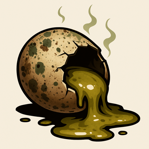 A high-resolution digital illustration of a rotten egg cracked open on one side, oozing a viscous, yellowish-green yolk and albumen. The shell is mottled with dark brown and green mold spots, with wisps of faint greenish gas rising. Textured detail on the shell’s rough, pitted surface, with subtle drips and splatters. Moody, low-key side lighting casts dramatic shadows and highlights the glossy, decaying textures. Semi-realistic style.
In-Game asset.  2d.  High contrast.  No shadows