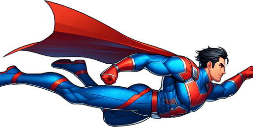 Side view of superman flying from left to right, with his fist pushed out in front of him.
Single Game Texture. In-Game asset. 2d. Blank background. High contrast. No shadows.