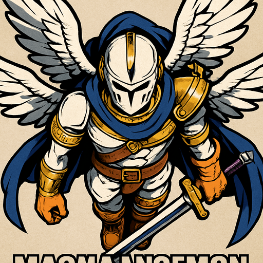 MagnaAngemon, visto desde arriba, calidad y detalles altamente épicos..
In-Game asset.  2d.  High contrast.  No shadows