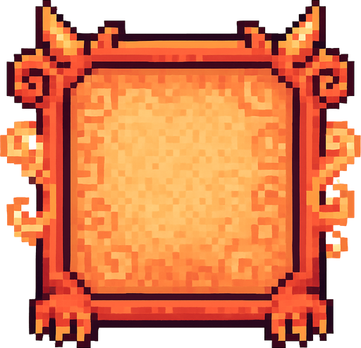 A square pixel art character selection frame inspired by a cute baby dragon. The frame includes fantasy elements like tiny dragon horns on the top corners, small claws at the bottom, and subtle flame or smoke decorations curling around the edges. The background inside the frame should have a soft and decorative texture, matching the baby dragon theme, using soft red, orange, and golden tones. The character will be placed on top of this frame later, so leave the center visually calm and not too detailed. The frame should be viewed from the front and designed for a 2D game UI..
In-Game asset.  2d.  High contrast.  No shadows. pixel art. front view. fantasy. cute. retro. pastel colors. ui element