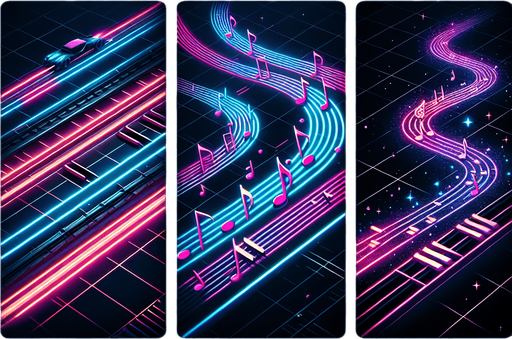 Design: A dynamic, glowing path that scrolls forward.

Style Options:

Cyberpunk neon rails

Floating musical staff lines

A galaxy wave track.
Single Game Texture.  In-Game asset.  2d.  Blank background.  High contrast.  No shadows