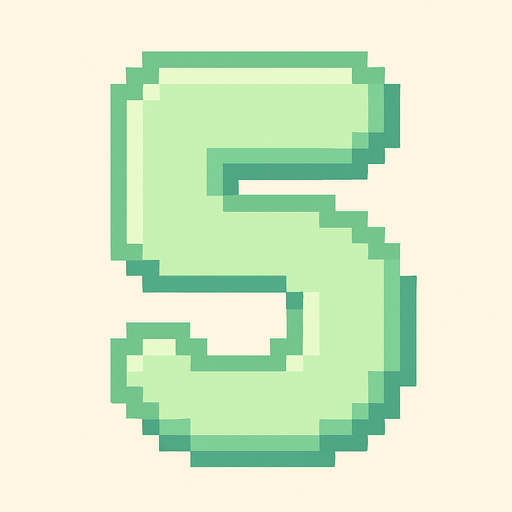 A pixel art number "5" designed for a cozy, cute retro 2D game UI with a bird theme. The number is rendered in soft pastel light green tones to harmonize with the gentle and sweet aesthetic of the game. It has a clean, simple, and rounded pixel style with no harsh edges, fitting perfectly within the pixel art UI style. The number is bold and easily readable at small sizes..
In-Game asset.  2d.  High contrast.  No shadows. pixel art. retro. 2d ui. number. pastel light green. simple. rounded edges. bold. cute. minimal