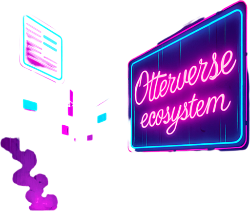 Create a rain-drenched neon alleyway with steam vents, flickering holoboards, and damp metal grates. One giant animated billboard reads ‘Otterverse ecosystem’ in glowing script. Include scattered cables, occasional sparks, and puddles that mirror the vibrant magenta and teal lights—character-free and coin-free..
In-Game asset.  2d.  High contrast.  No shadows