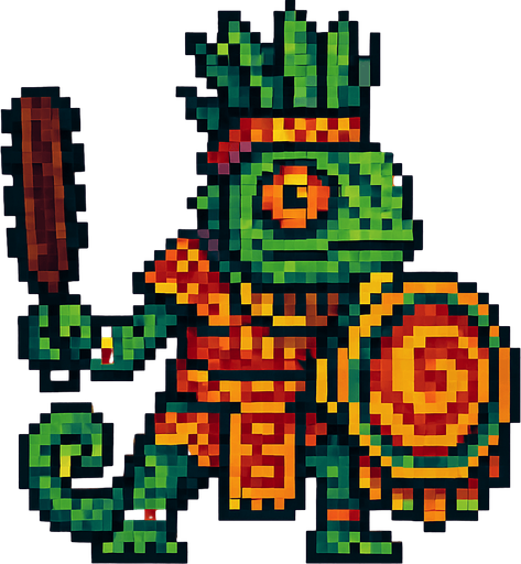 Generame un guerrero azteca con patrones, estilo pixelar, ademas sera un Camaleón de Cundinamarcahumanoide.
In-Game asset.  2d.  High contrast.  No shadows