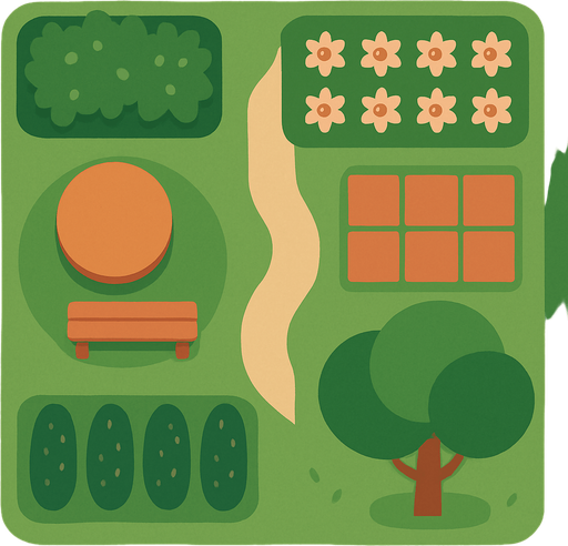 top view of a garden.
2d.  No shadows. In-game assetmodern, simple
