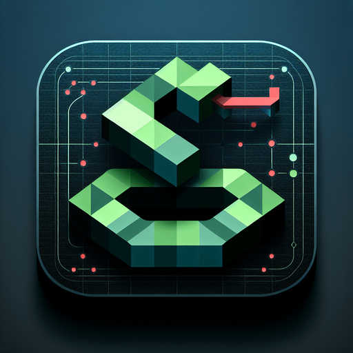 A square app store icon with rounded edges, designed for a hacking game about connecting a line. The icon features a highly angular, pixelated snake-like line in bright green, built from sharp, connected shapes aligned perfectly within a square grid. The snake's angular, segmented design conveys the strategic and technological theme of the game.

The background is a subtle dark gradient, transitioning from deep grey to black, with faint grid lines barely visible to suggest a digital environment. Scattered subtly in the background are tiny red dots, representing bugs, blending seamlessly into the design without overpowering the focus on the snake. The overall look is clean, modern, and sharp, embodying the futuristic and technical essence of the game..
Single Game Texture. In-Game asset. 2d. Blank background. High contrast. No shadows.
