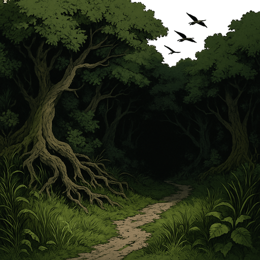 The edge of a thick medieval forest, tangled roots and wild grass, birds flying above, a worn path leading into shadow, realistic.
In-Game asset.  2d.  High contrast.  No shadows