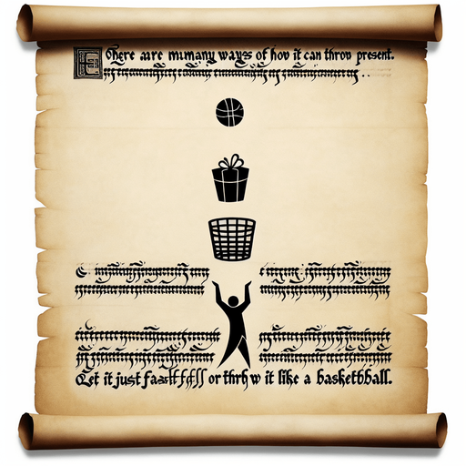 a pergament with a present throwed by someone into a basket at top, at the bottom there is the text: "There are many ways of how can throw a present. Let it just fall or throw it like a basketball."