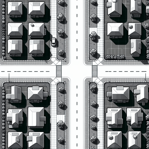 a two way road with houses upper view two d.
Single Game Texture.  In-Game asset.  2d.  Blank background.  High contrast.  No shadows
