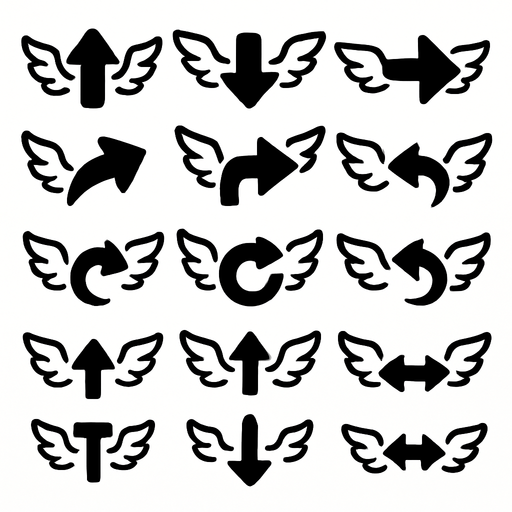 Spreite sheets of simple white arrows with wings.
In-Game asset.  2d.  High contrast.  No shadows